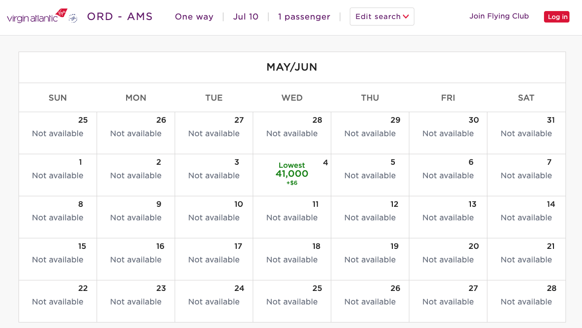 calendar with only one available virgin atlantic flight in may and june